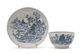 Lowestoft porcelain tea bowl and saucer with a rare chinoiserie print of a man on a bridge, Note: