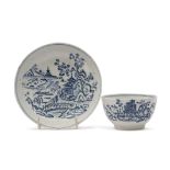 Lowestoft porcelain tea bowl and saucer with a rare chinoiserie print of a man on a bridge, Note: