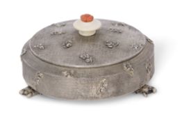 Unusual 800 grade powder pot with turtle feet, floral decoration and a coral finial handle, probably