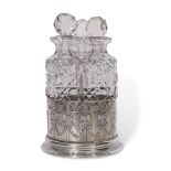 Silver cased three bottle decanter set, glass bottles and stoppers in excellent condition, James &