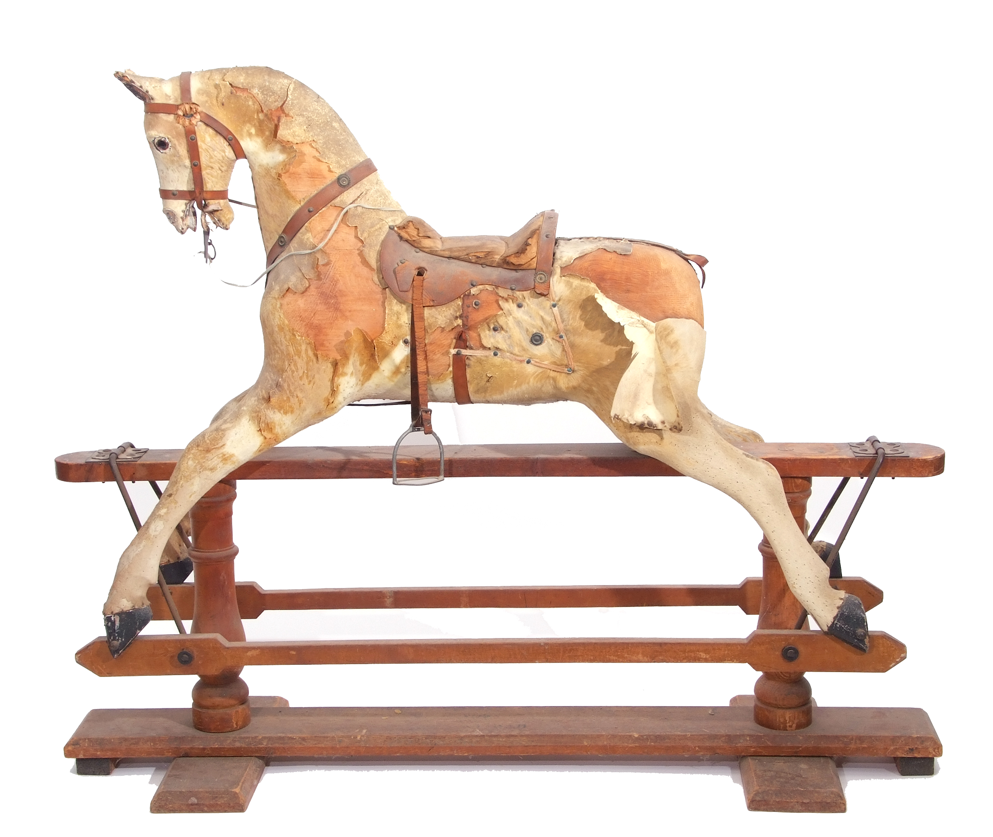 Vintage rocking horse (retailed by Hamleys) on a stained pine support (for restoration), 125cm high - Image 4 of 4