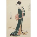 Pair of Japanese woodblock prints of geishas in gilt frames, the image 38 x 24cm (2)