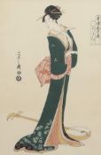 Pair of Japanese woodblock prints of geishas in gilt frames, the image 38 x 24cm (2)