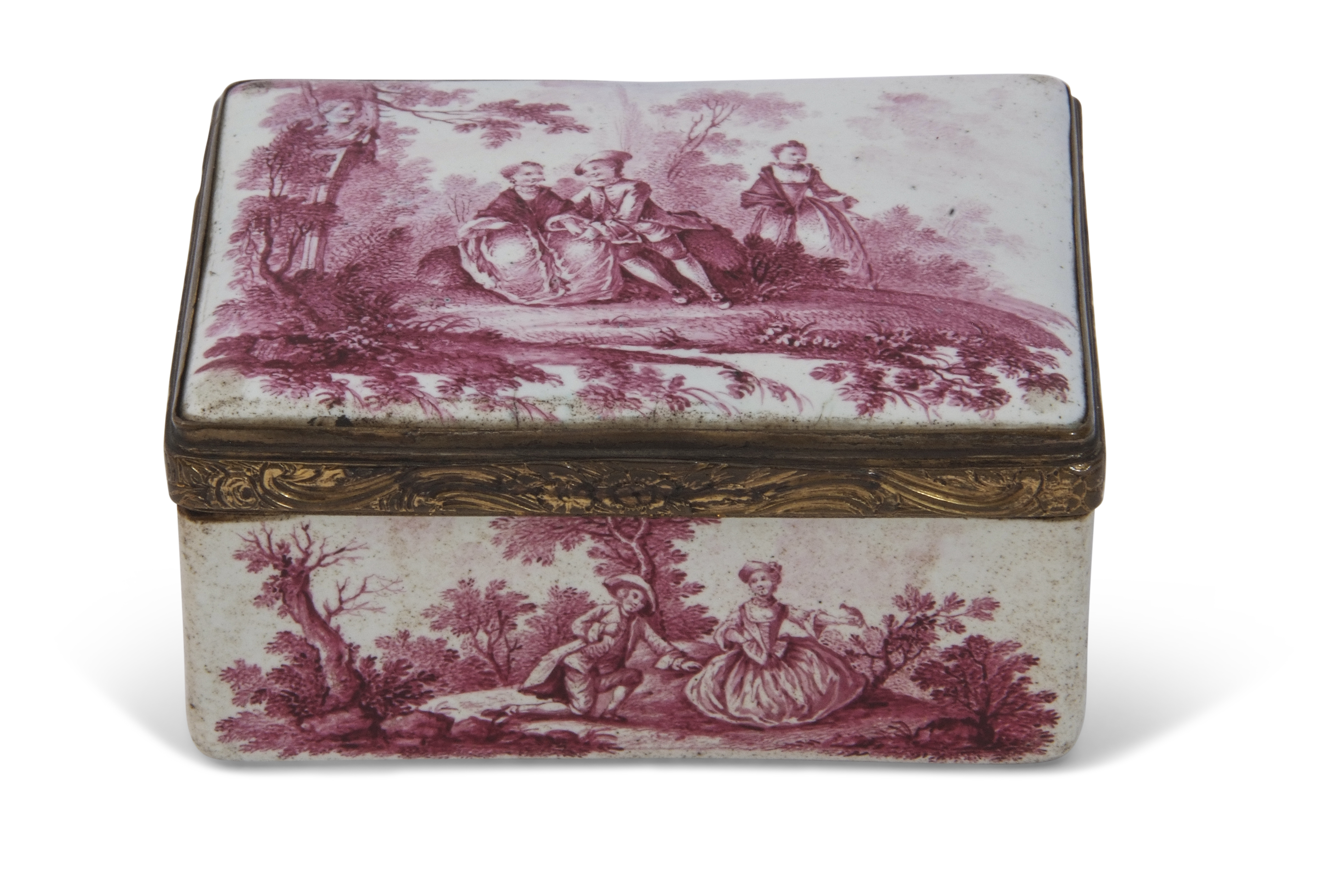 18th century Battersea gilt metal framed rectangular table snuff box, the panel to both sides of the