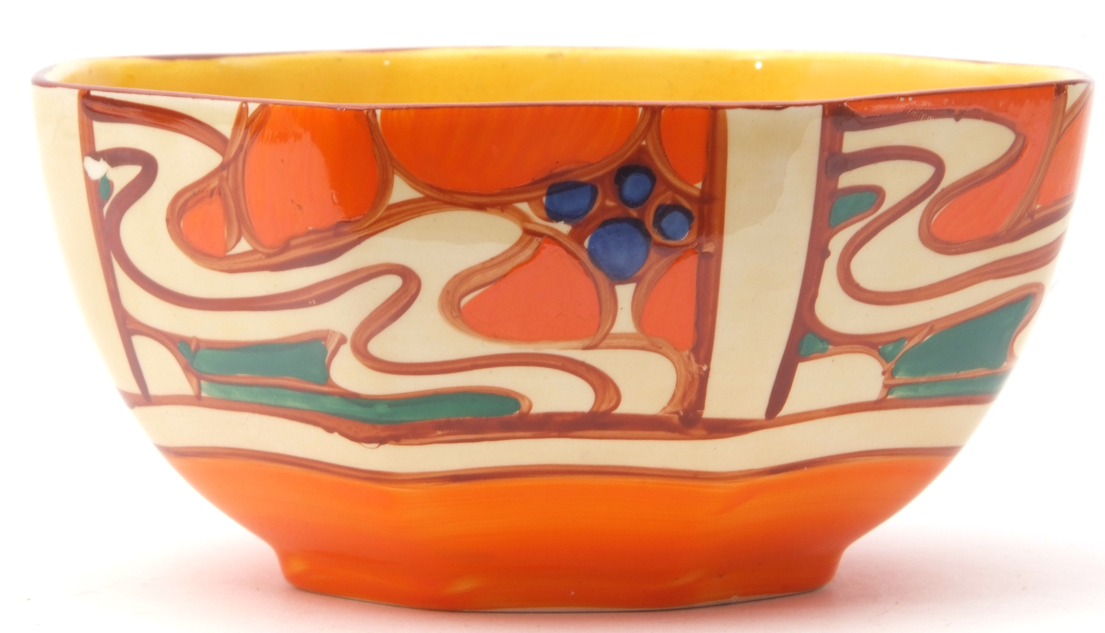 Octagonal Clarice Cliff bowl, in the Orange Sunrise pattern, the base with Fantasque Clarice Cliff - Image 5 of 5