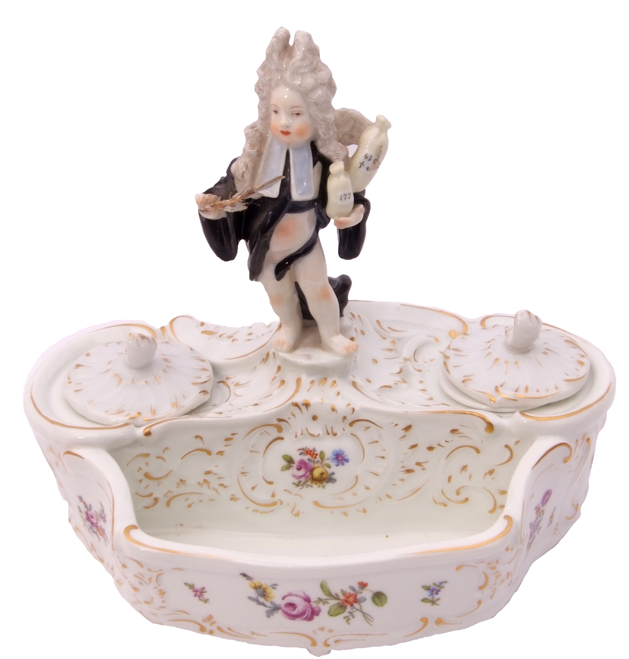19th century Meissen style inkwell and pen tray with a cupid in disguise figure modelled as an - Image 3 of 6