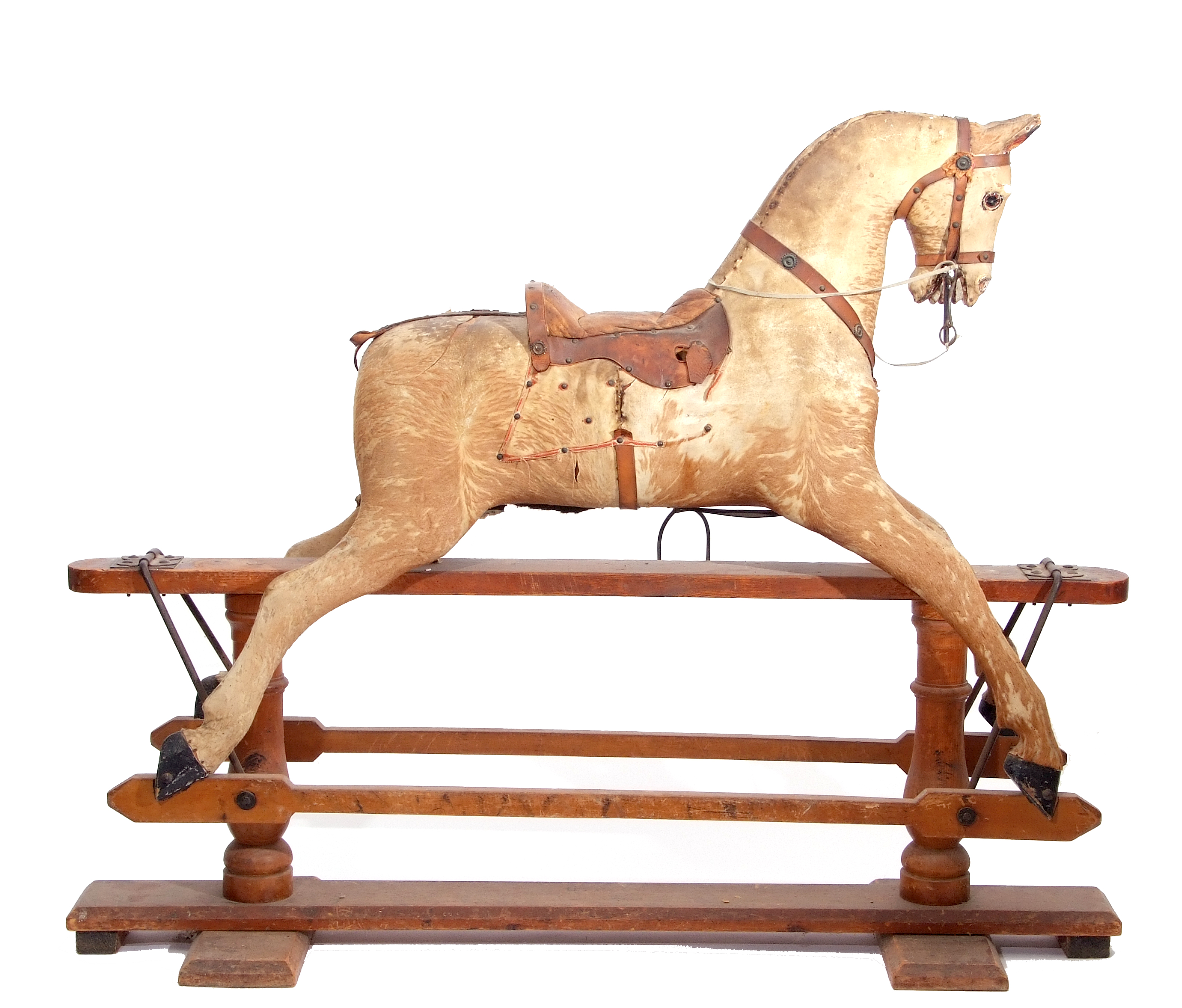 Vintage rocking horse (retailed by Hamleys) on a stained pine support (for restoration), 125cm high - Image 2 of 4