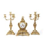 19th century French ormolu clock set in rococo taste, the clock with pierced gilt hands to a white