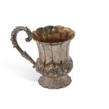 George IV campana shaped half pint mug with wavy rim, gilt interior, embossed with convolvulus and
