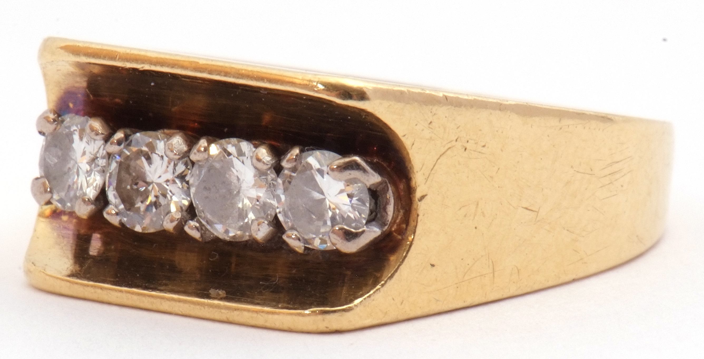 18ct gold and four-stone diamond ring of angular design, the central groove shaped gallery featuring - Image 8 of 9
