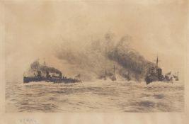 William Lionel Wyllie, RA, RI, RE (1851-1931), "Battleships", black and white etching, signed in