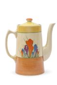 Clarice Cliff Bizarre Crocus pattern coffee pot and cover, 16cm high