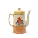 Clarice Cliff Bizarre Crocus pattern coffee pot and cover, 16cm high