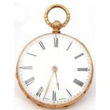 Ladies 18K gold cased fob watch with key wind movement, having gold hands to a white enamelled