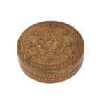 18th/19th century French marquetry inlaid and papier mache circular box and lid, the lid with raised