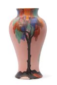 Clarice Cliff Bizarre vase pink Latona tree pattern, 24cm high