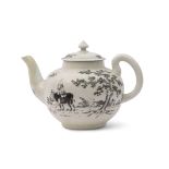 Worcester porcelain tea pot circa 1755, with black pencilled decoration of a boy on a buffalo, the