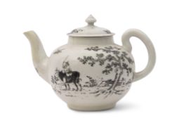 Worcester porcelain tea pot circa 1755, with black pencilled decoration of a boy on a buffalo, the