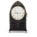 Lancet shaped bracket clock, Parkinson & Frodsham of London, inlaid throughout with cut brass