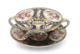 Mid-19th century Derby tureen and stand, the blue ground with rich gilt decoration and panels of