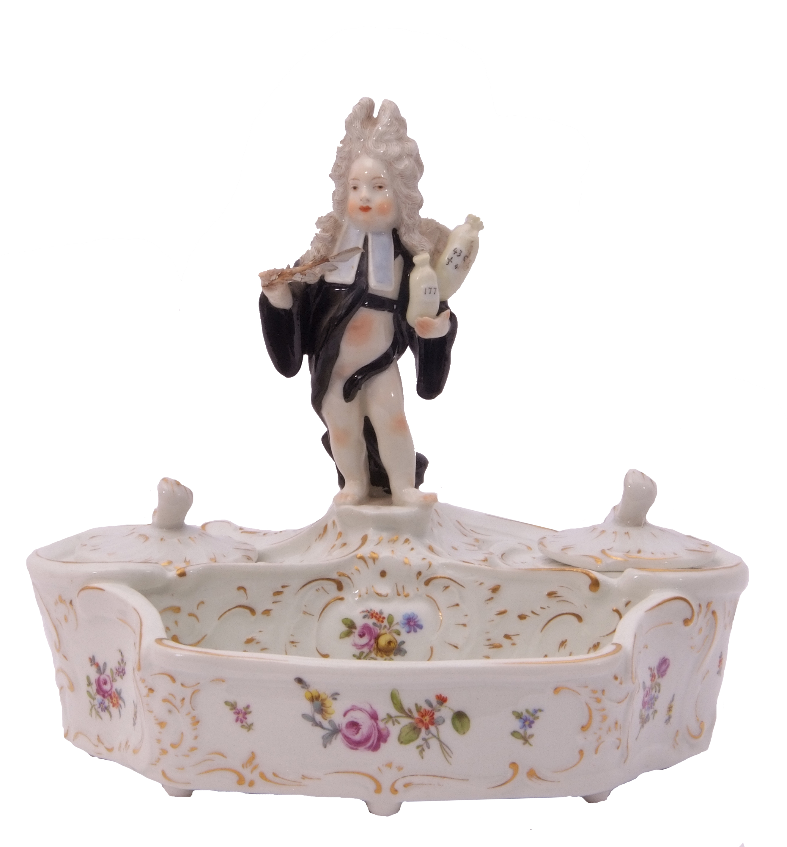 19th century Meissen style inkwell and pen tray with a cupid in disguise figure modelled as an - Image 2 of 6