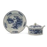 Lowestoft porcelain butter dish and cover with floral knop and a Lowestoft stand, all decorated with