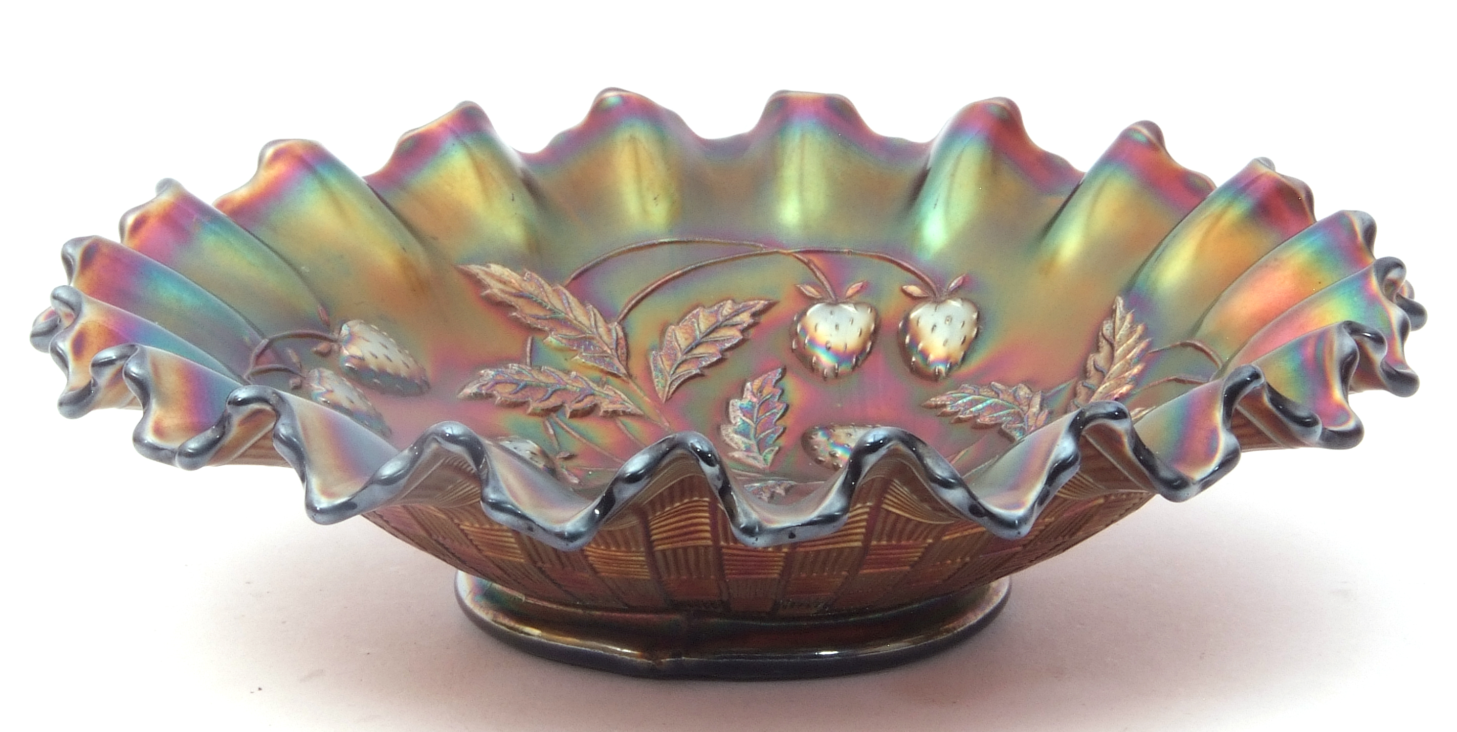 Millersburg green carnival glass dish in the Cosmos pattern, an Imperial aqua/teal pansy dish, a - Image 6 of 8