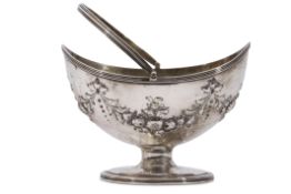 George III sugar basket of boat form, later embossed with floral garland, reeded rim and swing