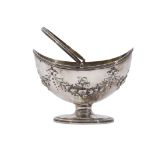 George III sugar basket of boat form, later embossed with floral garland, reeded rim and swing