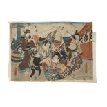 19th century Japanese woodblock print depicting revellers flying kites, the central kite with a