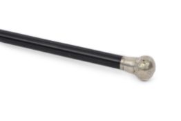 A silver topped ebony shafted walking cane with brass and steel ferrule, London 1901, length