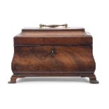 George III figured mahogany tea caddy of bombe-sided rectangular form, the concave sided lid with