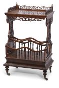 Victorian walnut large Canterbury, pierced gallery surround, raised on two latticed pierced