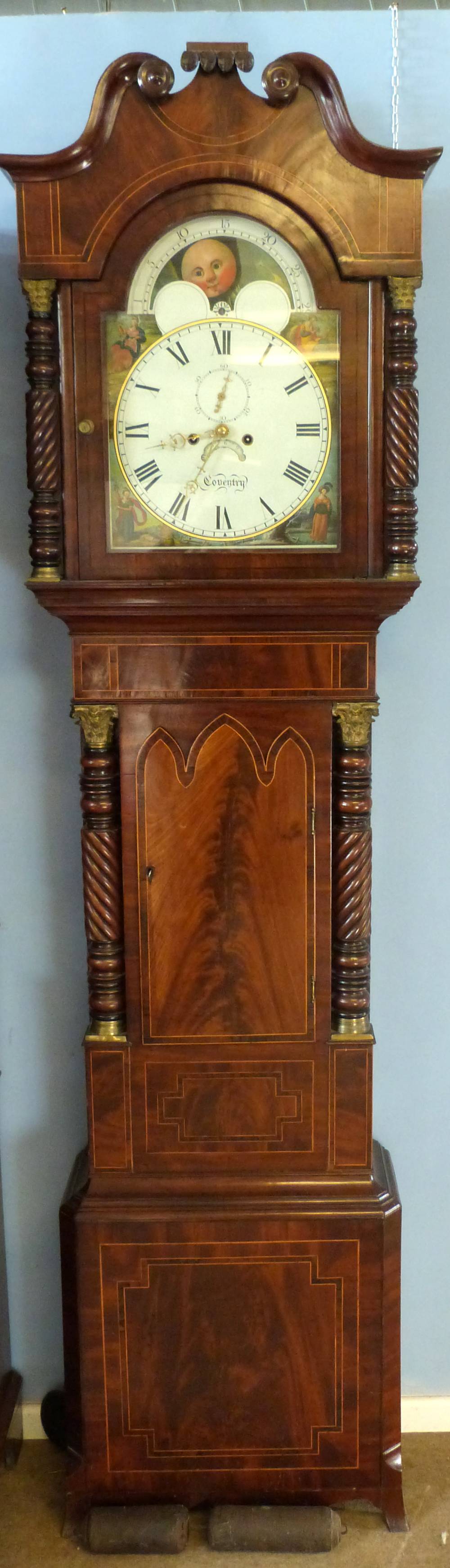 19th century mahogany longcase clock, the swan neck pediment over a painted arched dial with moon - Image 2 of 2