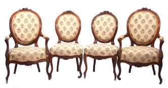 Victorian rosewood cameo or salon suite comprising two-seater sofa, two armchairs and two single