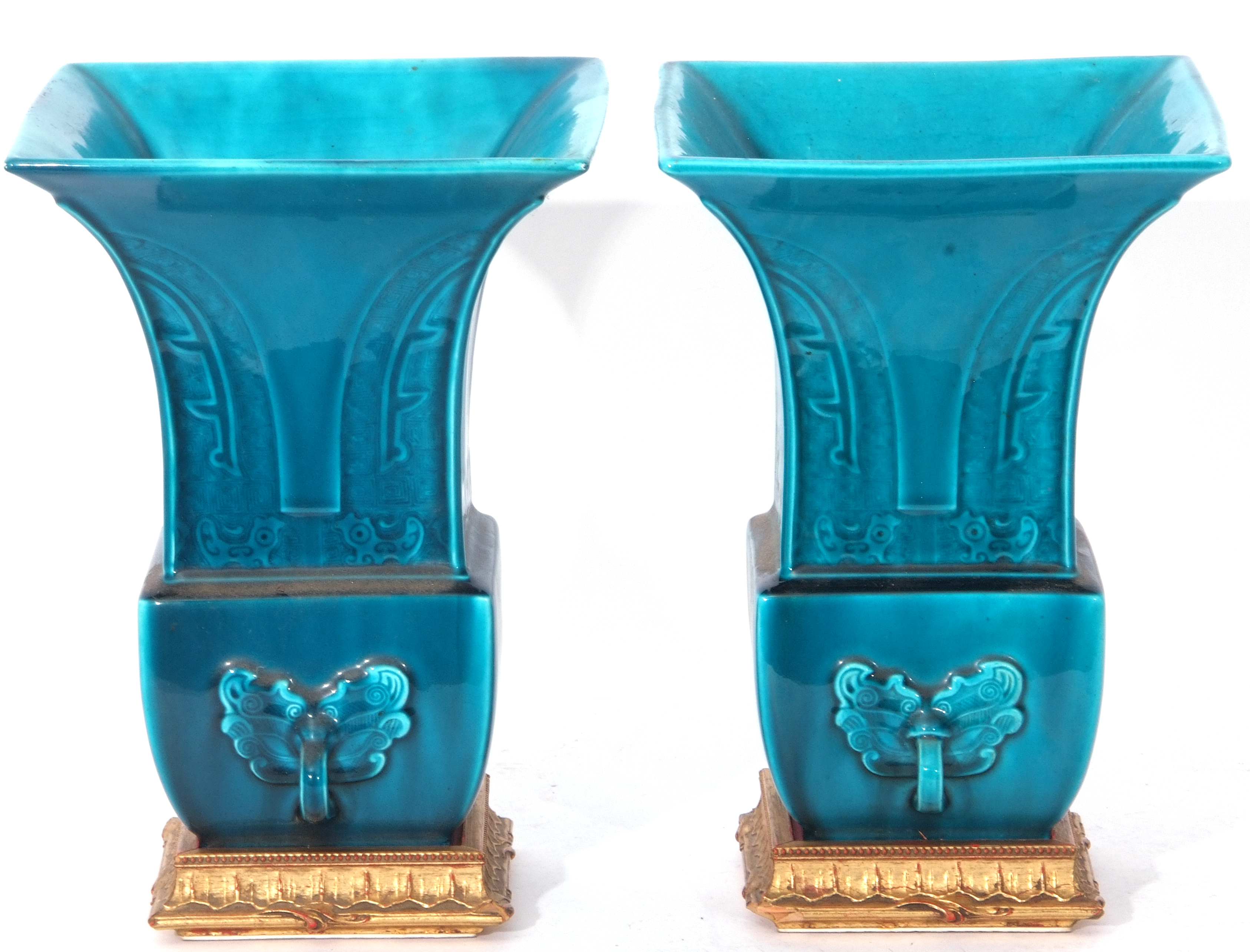 Pair of Theodore Deck blue faience vases of archaic Chinese form decorated with a geometric - Image 8 of 8