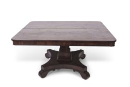 19th century mahogany pedestal dining table, moulded square support terminating in a quadruped base,