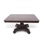 19th century mahogany pedestal dining table, moulded square support terminating in a quadruped base,