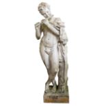 Composition garden figure of a young classical man with a flute with his left shoulder draped with a