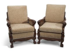 Late 19th/early 20th century mahogany Bergere suite, comprising a double caned three-seater sofa and