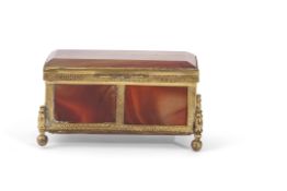 Mid/late 19th century gilt metal and carnelian agate chest formed box supported on four cast feet,