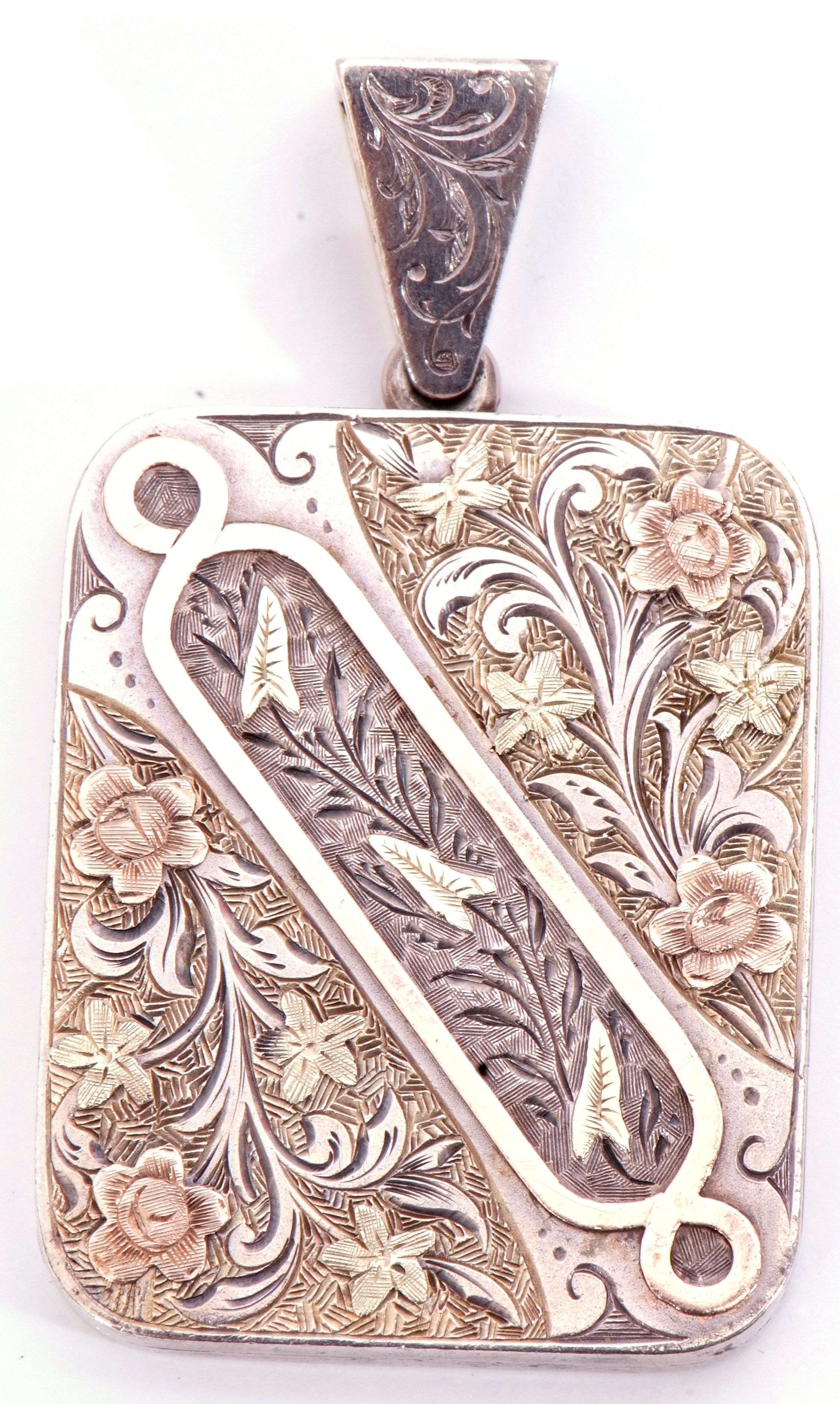 Antique precious metal large rectangular shaped locket, the front engraved and chased in a foliate - Image 2 of 7