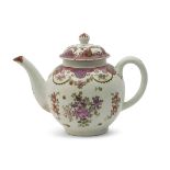 Lowestoft porcelain tea pot and cover circa 1780, decorated in polychrome with a Curtis type design,