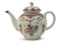 Lowestoft porcelain tea pot and cover circa 1780, decorated in polychrome with a Curtis type design,