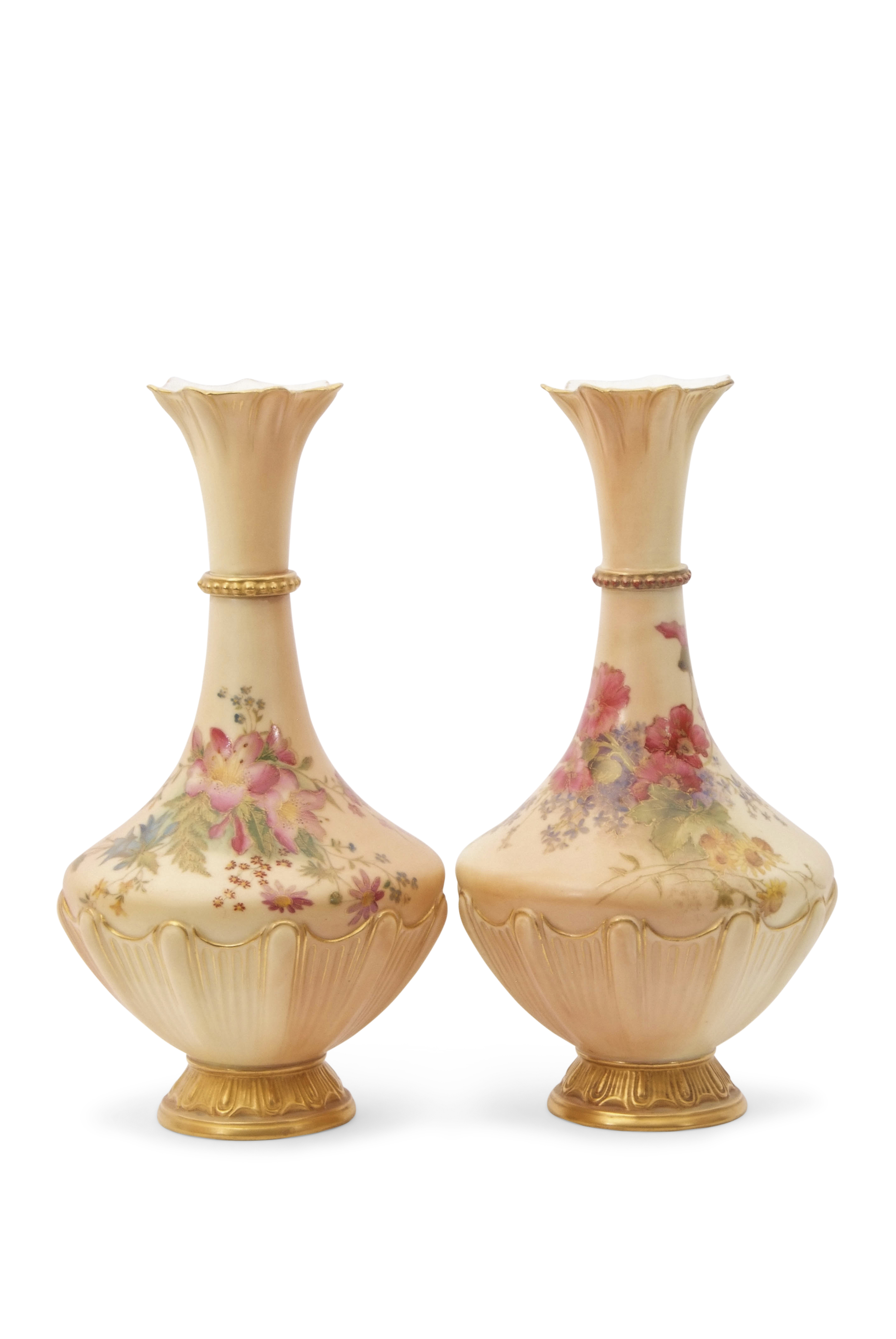 Pair of early 20th century Royal Worcester vases, shape 1538, the blush ground bodies decorated with