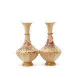 Pair of early 20th century Royal Worcester vases, shape 1538, the blush ground bodies decorated with