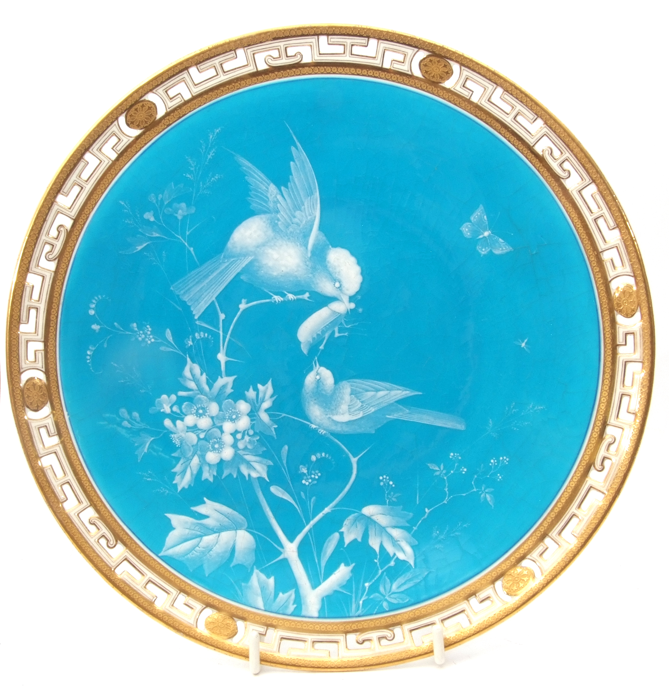 Pair of 19th century Minton plates with enamel decoration of birds on a turquoise ground within - Image 4 of 5