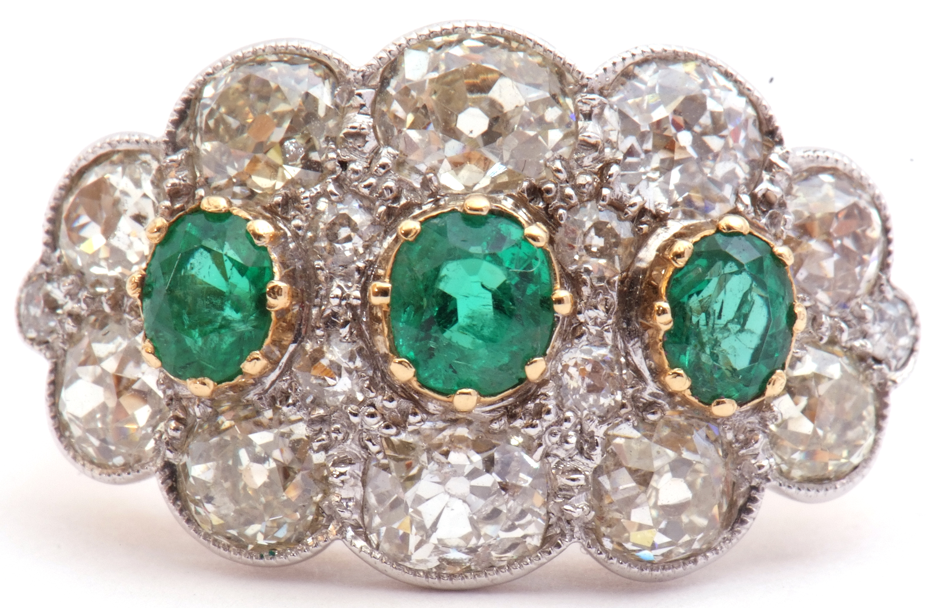 Large emerald and diamond cluster ring of oval design, featuring three graduated oval faceted - Image 9 of 9