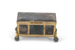 Mid/late 19th century gilt metal and moss agate mounted trinket box of chest form, the hinged lid