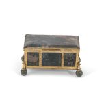 Mid/late 19th century gilt metal and moss agate mounted trinket box of chest form, the hinged lid